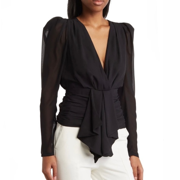 Ronny Kobo Trina Crystal Black Chiffon Plunge V-Neck Puff Sleeve Top Size M - Picture 3 of 6